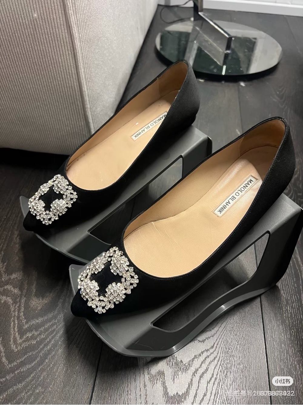 Manolo Blahnik Black Satin Crystal-Buckle Pointed Flats